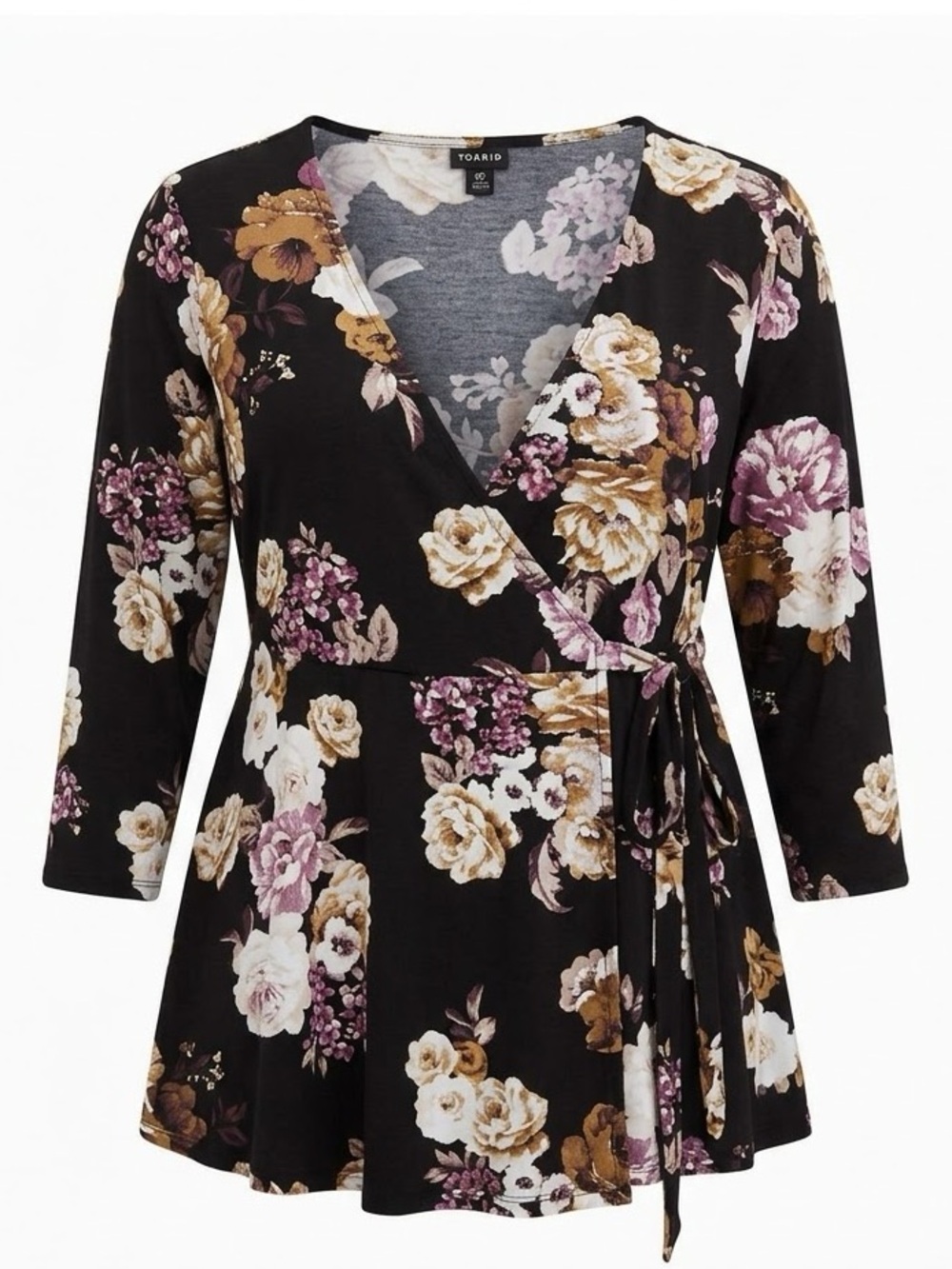 Torrid Black Floral Studio Knit Faux Wrap Top Women’s Size 00 M 3/4 Sleeve